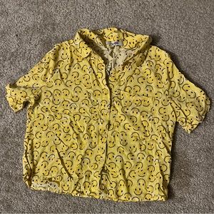 Yellow button up crop top. Medium. Smiley faces.